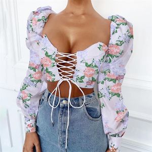 Vrouwen Blouse Bandage Blouse Mode Lange Slush Lantern Sleeve Verstelbare Lace Up Atrap Crop Tops Night Party Vrouwelijke Shirt 210419