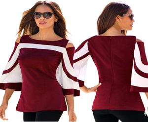 Blouse Blouse Blanc Blanc Colorblock Bell Sleeve Cold épaule Cold Top Mujer Camisa Feminina Office Dames Vêtements 7985908