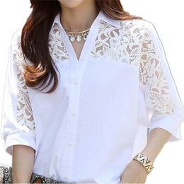 Women Blouse Fashion Tops Plus Size Middle Elegant Ladies Chic Long White Cotton Linen Lace Bat Sleeve Solid Female Shirts 210226