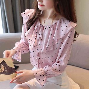 Vrouwen Blouse Lange Mouw Herfst Top Love Ruche O Kraag Print Bow Butterfly Chiffon Shirts 916J 210420