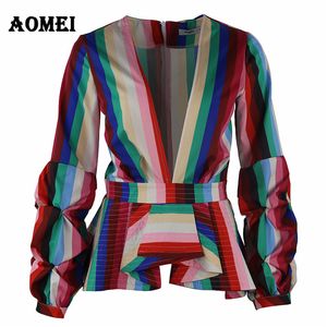 Femmes Blouse Peplum Tops Rainbow Stripe Chemises Volants Officewear Sexy Col V Été Mode Vêtements Blusas Plus Taille 4XL 210416