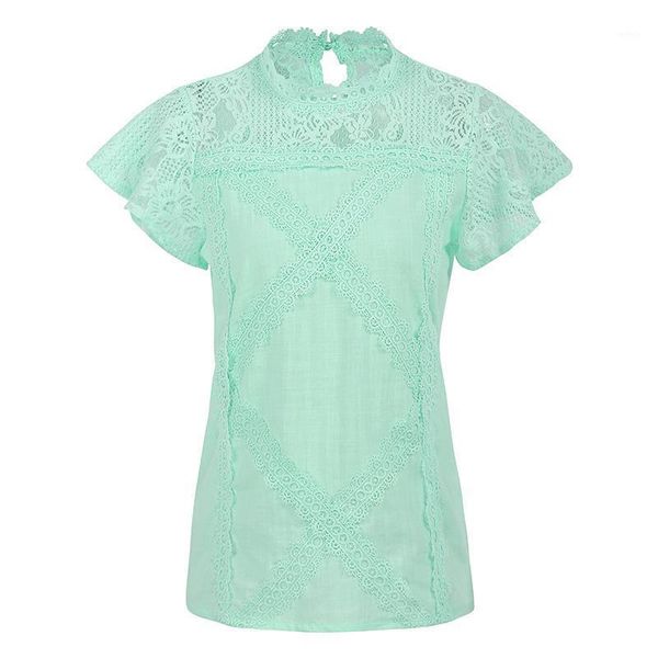 Femmes Blouse solide Crochet dentelle épissage motif géométrique col haut à manches courtes Blouses élégant grande taille hauts chemises pour femmes