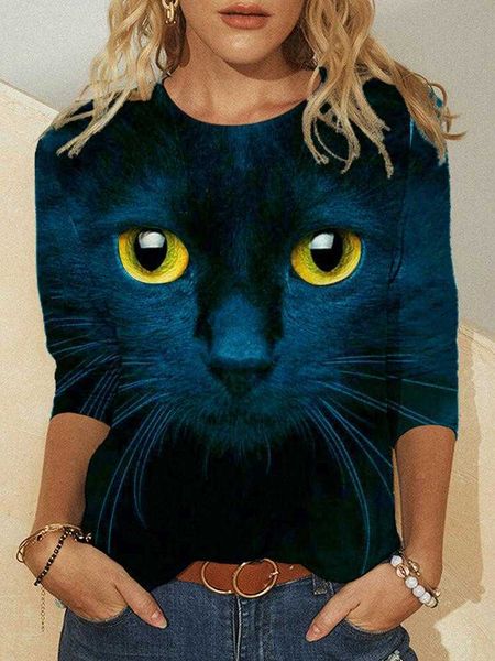 Femmes Blouse haut chat chassant la lune impression chemise de grande taille XL décontracté chemises noires à manches longues drôle dessin animé t-shirts femme