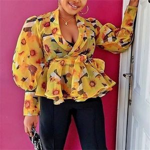 Vrouwen blouse tops shirts geprinte bloemen zie door peplum sexy v nek lange lantaarn mouwen gele herfst mode dame bluas 210308