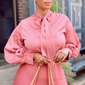 Vrouwen blouse met bowtie lange mouwen elegante kantoor dames zomer zijde roze geel mode tops bescheiden vrouwelijke stijlvolle bluas 210416