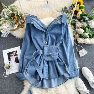 Vrouwen blouses herfst lange mouw afslaan kraag sexy knop ontwerp femme solide casual elegante denim shirt tops blusas 210401