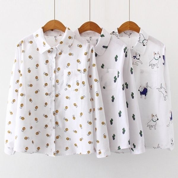 Femmes Blouses Dessin animé Chien Abeille Imprimer Tops Femme Manches Longues Plus Taille 2XL 3XL Chemises Dames Vêtements Coton Mode Femmes Chemises 210317