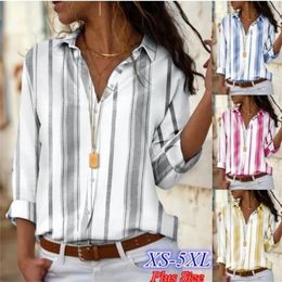 Vrouwen blouses chic gestreepte print ol kantoor dames werken casual shirt lange mouw knop casual plus size blouse rapel blusa tops 210308