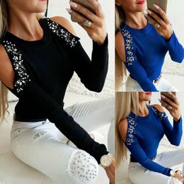 Blusas de mujer Camisas de manga larga con hombros descubiertos Blusa de algodón suelta de primavera sexy negra Tops elegantes de gasa para mujer 210514