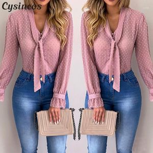 Vrouwen Blouses Mode Lange Mouw V-hals Roze Shirt Chiffon Office Blouse Slanke Casual Tops Plus Size S-5XL1