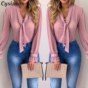 Damesblouses Mode Lange mouw V-hals Roze overhemd Chiffon Kantoorblouse Slanke casual tops Plus maat S-5XL