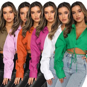 Femmes Blouses Printemps et Été À Manches Longues Court Lâche Solide Cardigan avec Revers Simple Boutonnage Urbain Casual Mode Chemise Crop Tops