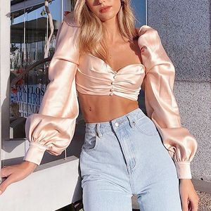 Dames Blouses Streetwear Sexy Vintage Turtleneck Crop Top Backless Puff Sleeve Pink Blouse Lace Up Top 210514