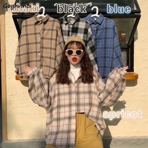 Femmes Blouses Col rabattu Chemises de printemps Plaid All-match BF Manches chauve-souris Vêtements d'extérieur amples Harajuku Femme 4 couleurs Chic 220725