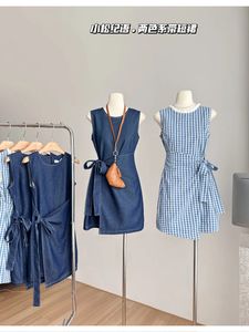 Mujeres azul A-Line Mini Dress Vintage Elegant Lace-up Vestidos sin mangas con cuello de On2K Y2K One Piece Frocks 2000s Summer 240511