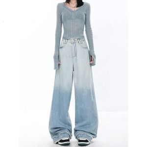 Vrouwen blauwe flaggy jeans Harajuku 90s esthetische streetwear Tassel denim broek Y2K Jean Pants Vintage 2000s Trashy Deskleding 240527