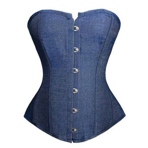 Mujeres Blue Denim Jeans Overbust Corset Tallas grandes S-6XL Clásico con cordones Plástico Deshuesado Bustier Lencería Night Out Clubwear Cosplay Outwear