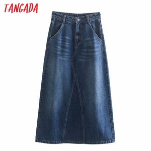 Dames Blue Denim Lange Rok Faldas Mujer Vintage Knoppen Dames Elegant Chic Mid Calf Rokken 4m44 210416