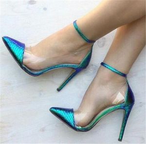 Vrouwen blauwe gradiënt kleur pvc puntige teen dunne hakpompen transparante enkelband hoge hakken formele kleding schoenen