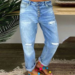 Pantalones vaqueros azules sueltos de un solo pecho rasgados de pierna recta estilo callejero informal de talla grande pantalones vaqueros de cintura alta para mamá