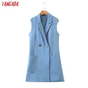 femmes bleu long gilet gilet manteau avec boutons bureau dames sans manches blazer double boutonnage haut QW22 210416
