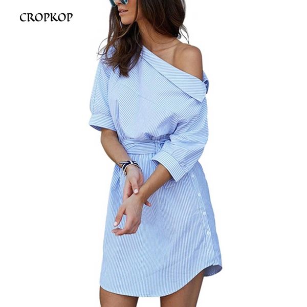 Robe à rayures bleues pour femmes, épaules dénudées, demi-manches, ceinture, été, sexy, mini robes, plus la taille, robe de plage, 210316