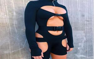 Femmes Bodycon Boucle découpée Biker Rompers Sexy Slee Long Sleeves Hollow Out Clubwear BodySuit One Piece Short Jumpsuit Pants8898606