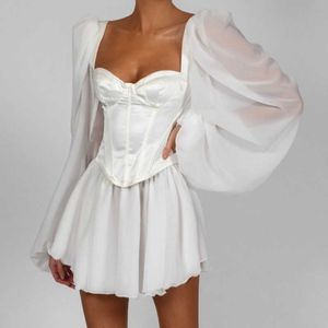 Dames Bodycon Drfemale Lantern Mouw Y2K Corset Chiffon Jurken Beach Vakantie Outfit Sexy Party Mini White DRSUMMER X0529