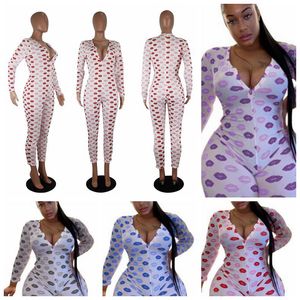 Vrouwen Bodysuit Playsuit Lange Mouw Mode Jumpsuit Een Stuk Onesies Broek Lip Eenhoorn Afdrukken Homewear nachtkleding KKA8066