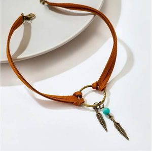 Femmes bohème tour de cou Boho plume perle pendentif en cuir marron chaîne collier mode dame bijoux fête cadeau