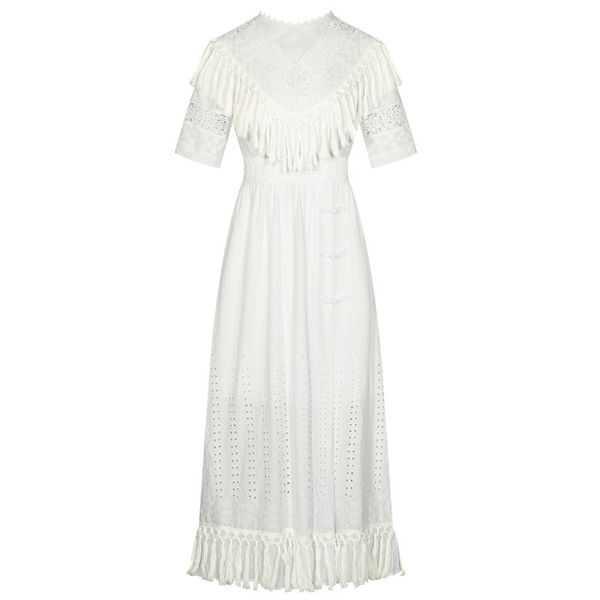 Robe Bohème Femme Blanc Midi Manches Courtes Gland Dentelle D1238 210514