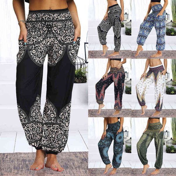 Femmes bohème imprimé fleuri pantalons longs 2021 taille moyenne Vintage sarouel taille élastique Boho plage pantalon grande taille livraison directe H1221