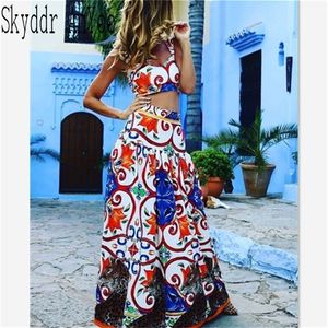 Femmes Boho Beach Robe Deux Pièces Ensemble Robe D'été 2020 Vintage Imprimé Pad Crop Top Sexy Maxi Robes Plus La Taille Longue Robes LJ200814