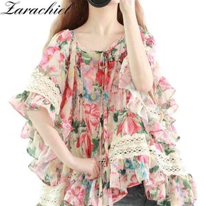 Femmes Boho Blouses Floral Imprimer Volants Flare Manches Blusas Fleur Chemises Dentelle Patchwork Lâche Femelle Été Top En Mousseline 210416