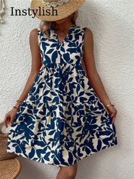 Femmes Boho Print mini robe d'été élégant sans manches V Ruffle un réservoir de ligne décontracté surdimension surdimension