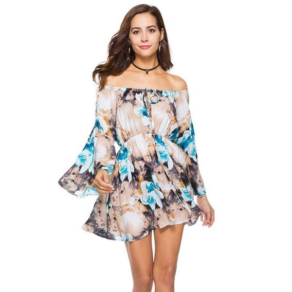 Robe courte pour femmes, imprimé Boho, Sexy, épaules dénudées, manches évasées, décontractée, plage, ample, taille haute, Mini, été