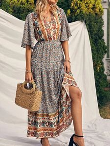 Mujeres boho estampado retro vestido largo manga corta vneck vestidos de cintura alta de verano sundress estilo étnico vestido 240513