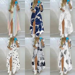 Femmes Boho Shirt Robe Summer Cold-Down Collier Single Butted Butted Irregular Long Robe Femme Sexy Lettre imprimé Robes maxi 240415