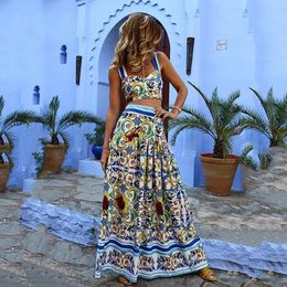 Vrouwen Boho Rok Past Zomer Gedrukt Mouwloos Backless Crop Camis En Strandvakantie A-lijn Rok Dames 2 Delige Set 240311