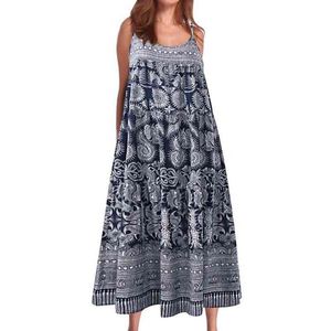 Vrouwen boho -stijl mouwloze bloemenprint spaghetti riemen grote zoom losse vrije tijd lange jurk l220705