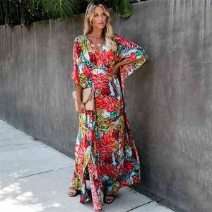 Femmes Boho Summer Dress Beach Cover-Ups Femme Sexy Deep V-cou Beachwear Tunique Floral Print Casual Loose Ladies Bikini Cover Up 210604