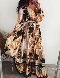 Robe portefeuille d'été style Boho pour femmes, ample, imprimé, col en v, manches longues, élégante, robes de soirée, Cocktail, été