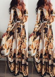 Dames boho wrap zomer lond jurk vakantie maxi losse zonsondergang bloemenprint vneck lange mouw elegante jurken cocktailparty340722222