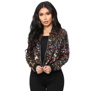 Femmes Bomber Gradient Color Sequins Jacket Baseball Veste perle brodée à pâte à fermeture éclair à la fermeture à glissière.