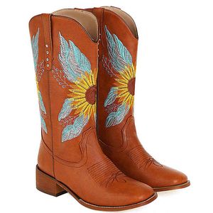 Botas de mujer Aosphiraylian 2022 con bordado de flores, botas de vaquero Vintage para mujer, zapatos cómodos para caminar Retro para mujer occidental para Dropshipping 0719