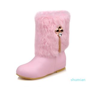 Vrouwen Laarzen Herfst Winter Warm Bont 2018 Nieuwe Sexy Mode PU Mid-Calf Motorfiets Snowboots Zwart Roze Witte Schoenen met hoge hakken