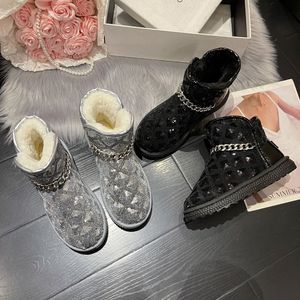 Femmes bottes noir argent chaîne doux moyen rond chaud fourrure neige botte concepteur Botties décontracté coton chaussures