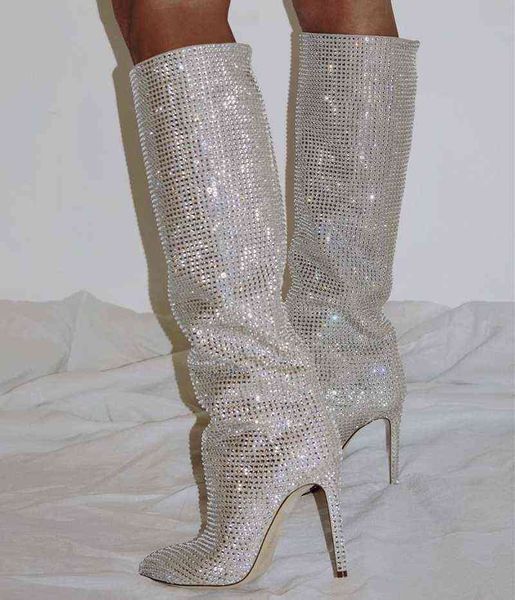 Bottes hautes en cristal pour femmes, bottes Sexy pointues en cuir véritable, manches à talons, luxe brillant, Catwalk, grande taille, 0719