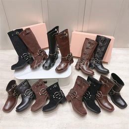 Bottes de styliste en cuir de Cowboy pour femmes, demi-bottes de chevalier marron avec boucle occidentale, bottes d'hiver en daim à bout rond