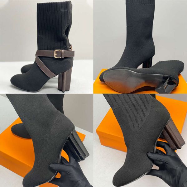 Designers Bottes Femmes Bottines Bottines en textile extensible noir Bottines à talons hauts Bottes brodées Chaussures habillées à plate-forme pour dames avec boîte NO50